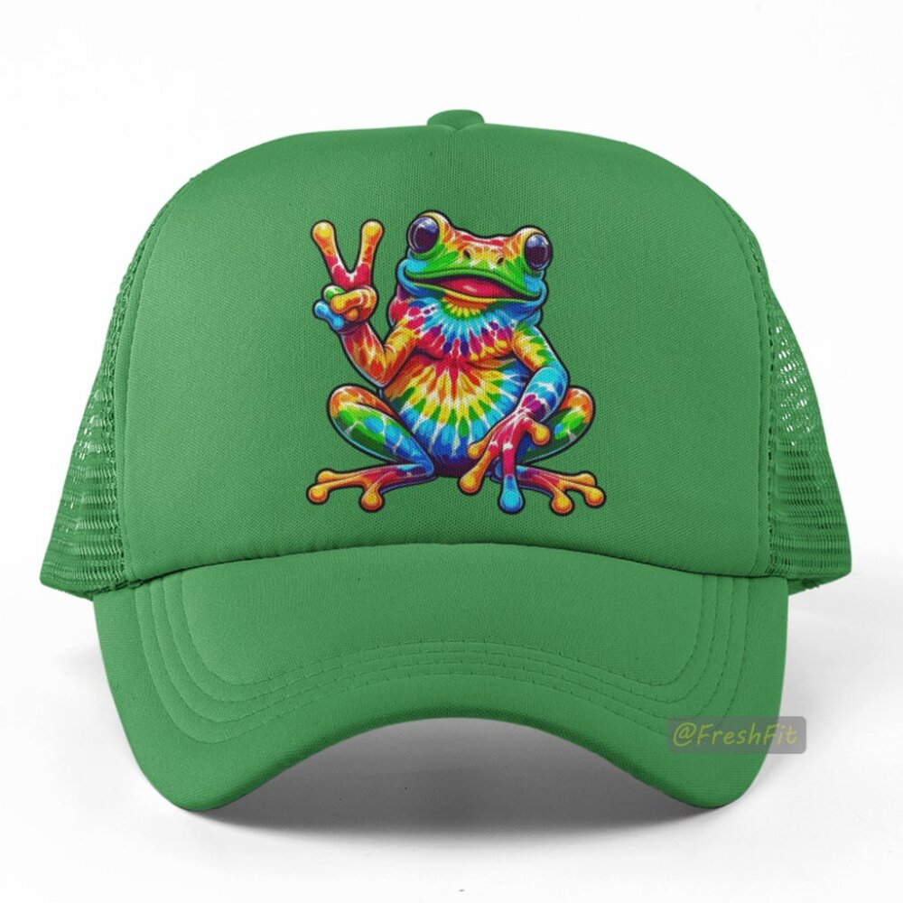 🆕Tie Dye Peace Frog Foam Trucker Hat Mesh Snapback Cap Green